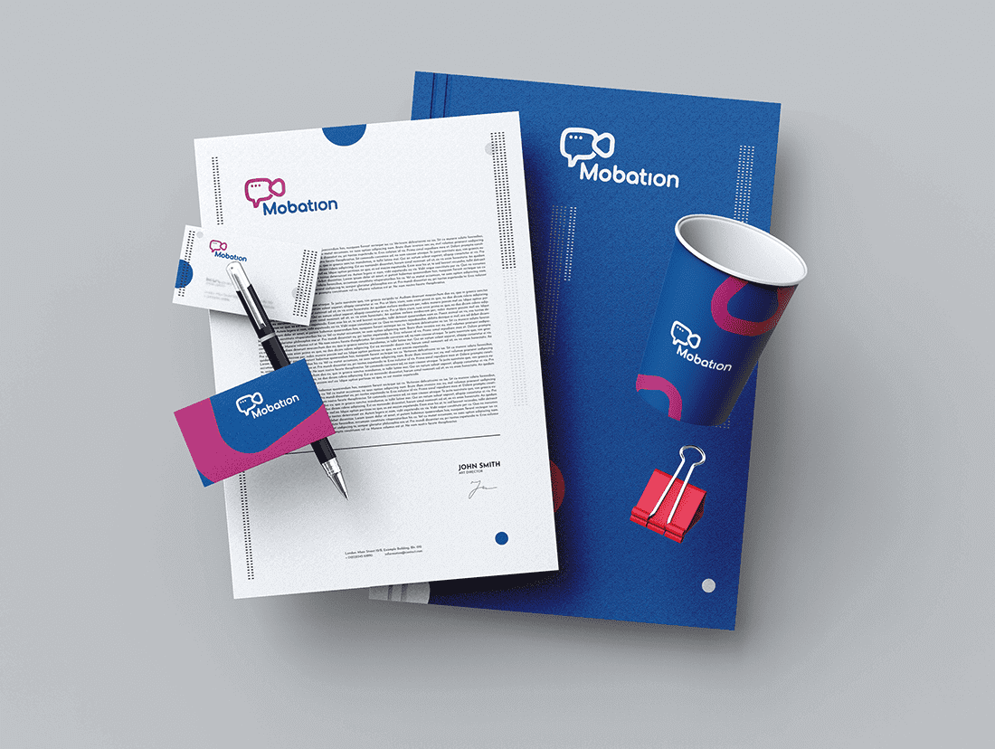Corporate Identity design showcasing a modern logo with abstract shapes and lines in vibrant colors on a white background.