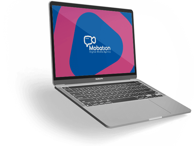 A laptop with a pink and blue logo on it.